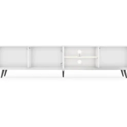 Meuble Tv Led 175 Cm Blanc, Façades à Lamelles Et Pieds Noirs - Selsey Bello -Pas Cher Mobiliora Magasin meuble tv 13903043