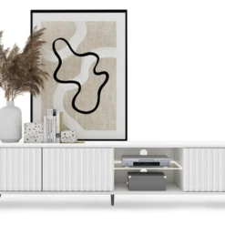 Meuble Tv Led 175 Cm Blanc, Façades à Lamelles Et Pieds Noirs - Selsey Bello -Pas Cher Mobiliora Magasin meuble tv 13903045