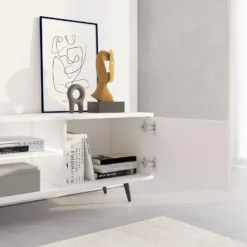 Meuble Tv Led 175 Cm Blanc, Façades à Lamelles Et Pieds Noirs - Selsey Bello -Pas Cher Mobiliora Magasin meuble tv 13903047