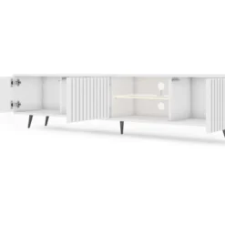 Meuble Tv Led 175 Cm Blanc, Façades à Lamelles Et Pieds Noirs - Selsey Bello -Pas Cher Mobiliora Magasin meuble tv 13903051