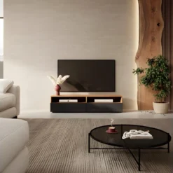 Meuble TV - 140 Cm - Chêne Wotan / Noir Brillant - REDNAW