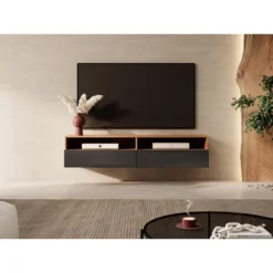 Meuble TV - 140 Cm - Chêne Wotan / Noir Brillant - REDNAW -Pas Cher Mobiliora Magasin meuble tv 14034319