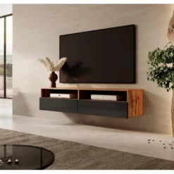 Meuble TV - 140 Cm - Chêne Wotan / Noir Brillant - REDNAW -Pas Cher Mobiliora Magasin meuble tv 14034321