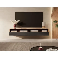 Meuble TV - 180 Cm - Chêne Wotan / Noir Brillant - REDNAW -Pas Cher Mobiliora Magasin meuble tv 14034549