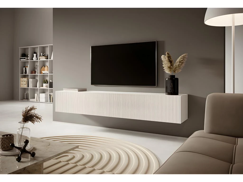 Meuble TV 175 Cm Blanc Avec Façade Fraisée - VELDIO 4 Meuble TV 175 Cm Blanc Avec Façade Fraisée - VELDIO – Image 2