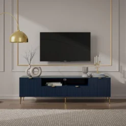 Meuble TV Avec 2 Portes, 2 Tiroirs Et 2 Niches En MDF Et Acier - Bleu Et Doré - YESINIA