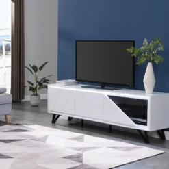 Meuble TV 3 Portes Avec LEDs En MDF - Blanc Laqué - SALIANO