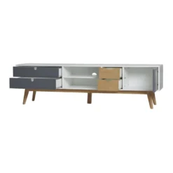 Meuble TV 4 Tiroirs 1 Porte Blanc/Bois/Gris - NANO -Pas Cher Mobiliora Magasin meuble tv 14341325
