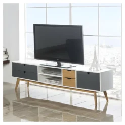 Meuble TV 4 Tiroirs 1 Porte Blanc/Bois/Gris - NANO -Pas Cher Mobiliora Magasin meuble tv 14341327