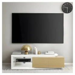 Meuble TV Contemporain 2 Portes + LED - Contemporain - Décor Chene Et Blanc Brillant - L 150 X P 45 X H 40 Cm - VIRGOS -Pas Cher Mobiliora Magasin meuble tv 14503225