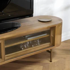 YSEULT - Meuble TV Arrondi Couleur Naturelle Bois Peuplier 2 Portes Coulissantes En Verre -Pas Cher Mobiliora Magasin meuble tv 14651089