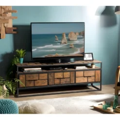 ALIDA - Meuble TV 3 Tiroirs 1 étagère Teck Recyclé Métal Noir