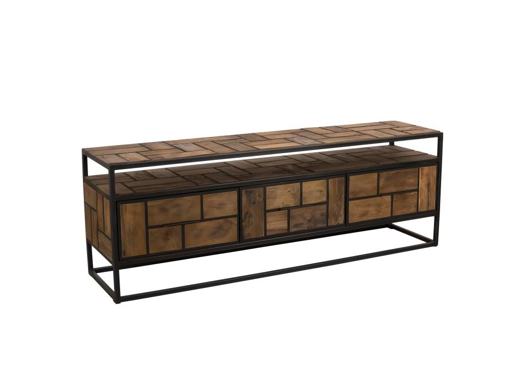 ALIDA - Meuble TV 3 Tiroirs 1 étagère Teck Recyclé Métal Noir 4 ALIDA - Meuble TV 3 Tiroirs 1 étagère Teck Recyclé Métal Noir – Image 2