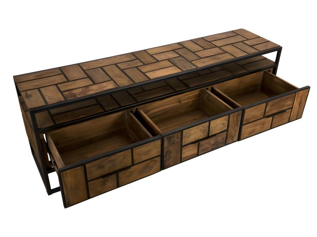 ALIDA - Meuble TV 3 Tiroirs 1 étagère Teck Recyclé Métal Noir 5 ALIDA - Meuble TV 3 Tiroirs 1 étagère Teck Recyclé Métal Noir – Image 3