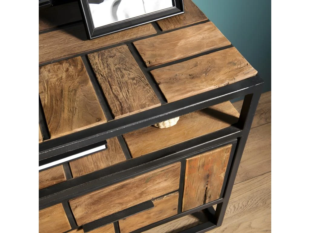 ALIDA - Meuble TV 3 Tiroirs 1 étagère Teck Recyclé Métal Noir 6 ALIDA - Meuble TV 3 Tiroirs 1 étagère Teck Recyclé Métal Noir – Image 4