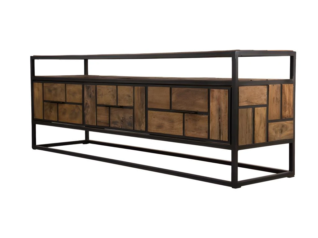 ALIDA - Meuble TV 3 Tiroirs 1 étagère Teck Recyclé Métal Noir 7 ALIDA - Meuble TV 3 Tiroirs 1 étagère Teck Recyclé Métal Noir – Image 5