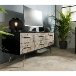 DALIE - Meuble TV Noir 6 Tiroirs Scandi Bois Sapin Marqueté Pieds Métal Doré -Pas Cher Mobiliora Magasin meuble tv 14651241