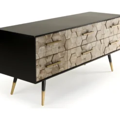 DALIE - Meuble TV Noir 6 Tiroirs Scandi Bois Sapin Marqueté Pieds Métal Doré -Pas Cher Mobiliora Magasin meuble tv 14651243