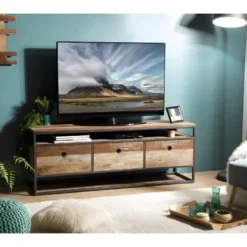 ALIDA - Meuble TV Marron 3 Tiroirs Teck Recyclé Acacia Mahogany Recyclé Et Métal Noir