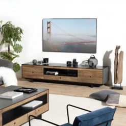 ANDREA - Meuble TV 3 Tiroirs 1 Niche Bois Pin Recyclé Naturel Et Noir