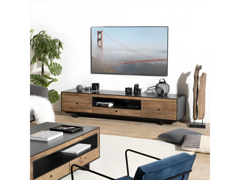 ANDREA - Meuble TV 3 Tiroirs 1 Niche Bois Pin Recyclé Naturel Et Noir 3 ANDREA - Meuble TV 3 Tiroirs 1 Niche Bois Pin Recyclé Naturel Et Noir