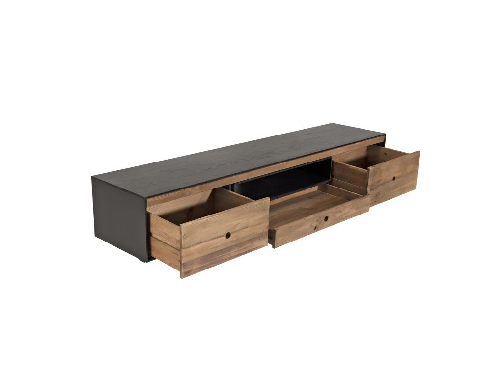 ANDREA - Meuble TV 3 Tiroirs 1 Niche Bois Pin Recyclé Naturel Et Noir 6 ANDREA - Meuble TV 3 Tiroirs 1 Niche Bois Pin Recyclé Naturel Et Noir – Image 4