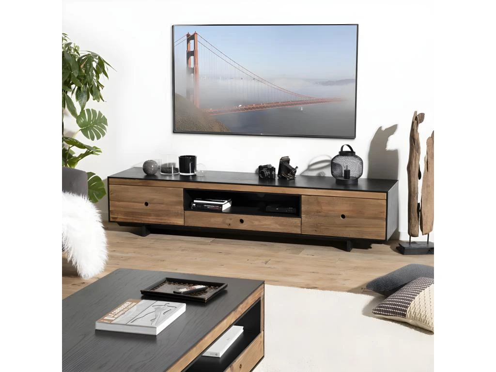 ANDREA - Meuble TV 3 Tiroirs 1 Niche Bois Pin Recyclé Naturel Et Noir 7 ANDREA - Meuble TV 3 Tiroirs 1 Niche Bois Pin Recyclé Naturel Et Noir – Image 5