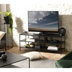 ROBIN - Meuble TV Noir 2 étagères Métal Industriel