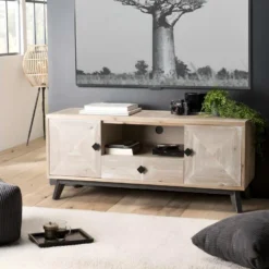 ANDRO - Meuble TV Beige Scandi 2 Portes 1 Tiroir 1 Niche Pieds Noirs