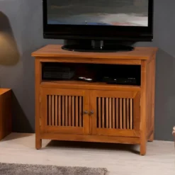 AYAN - Meuble TV Marron 2 Portes Persiennes Bois Teck