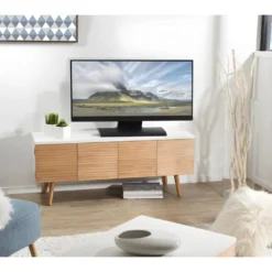 ISIDORE - Meuble TV 4 Portes Bois Clair Et Blanc