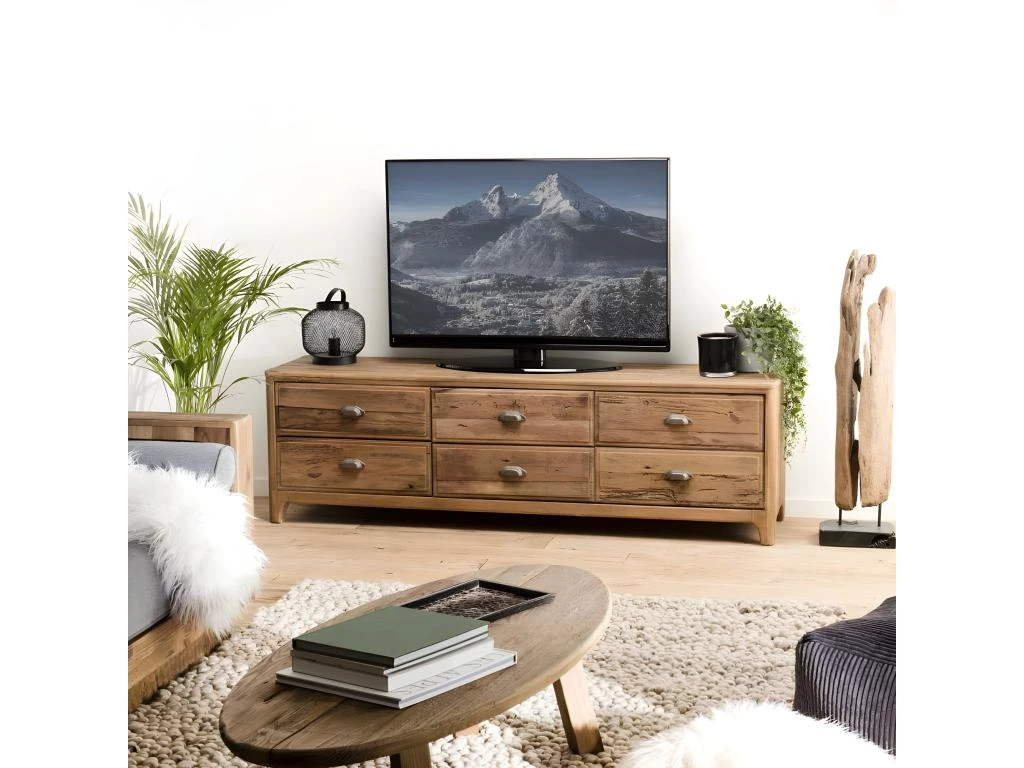 ANDRIAN - Meuble TV Marron 6 Tiroirs Bois Pin Recyclé 3 ANDRIAN - Meuble TV Marron 6 Tiroirs Bois Pin Recyclé