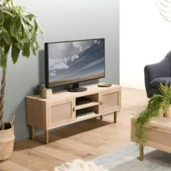 ADELE - Meuble TV 2 Niches 2 Portes Toile De Jute Pieds Métal Doré