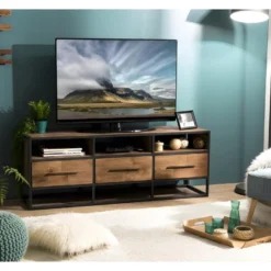 ALIDA - Meuble TV Marron 3 Niches 3 Tiroirs Teck Recyclé Et Métal Noir
