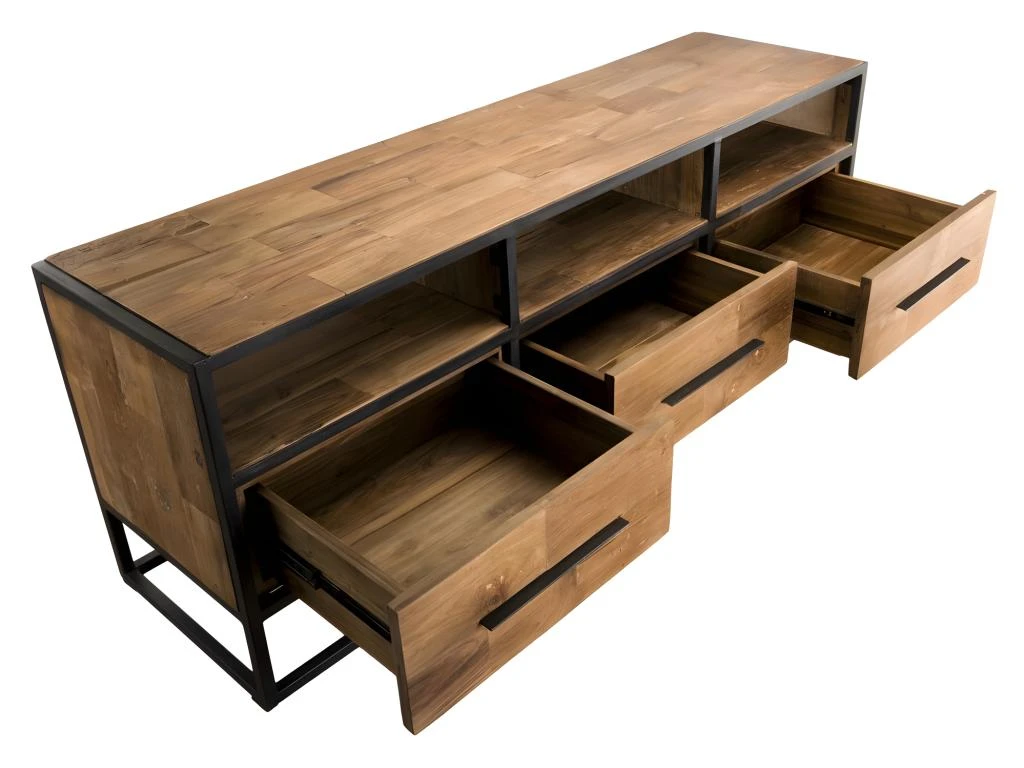 ALIDA - Meuble TV Marron 3 Niches 3 Tiroirs Teck Recyclé Et Métal Noir 6 ALIDA - Meuble TV Marron 3 Niches 3 Tiroirs Teck Recyclé Et Métal Noir – Image 4