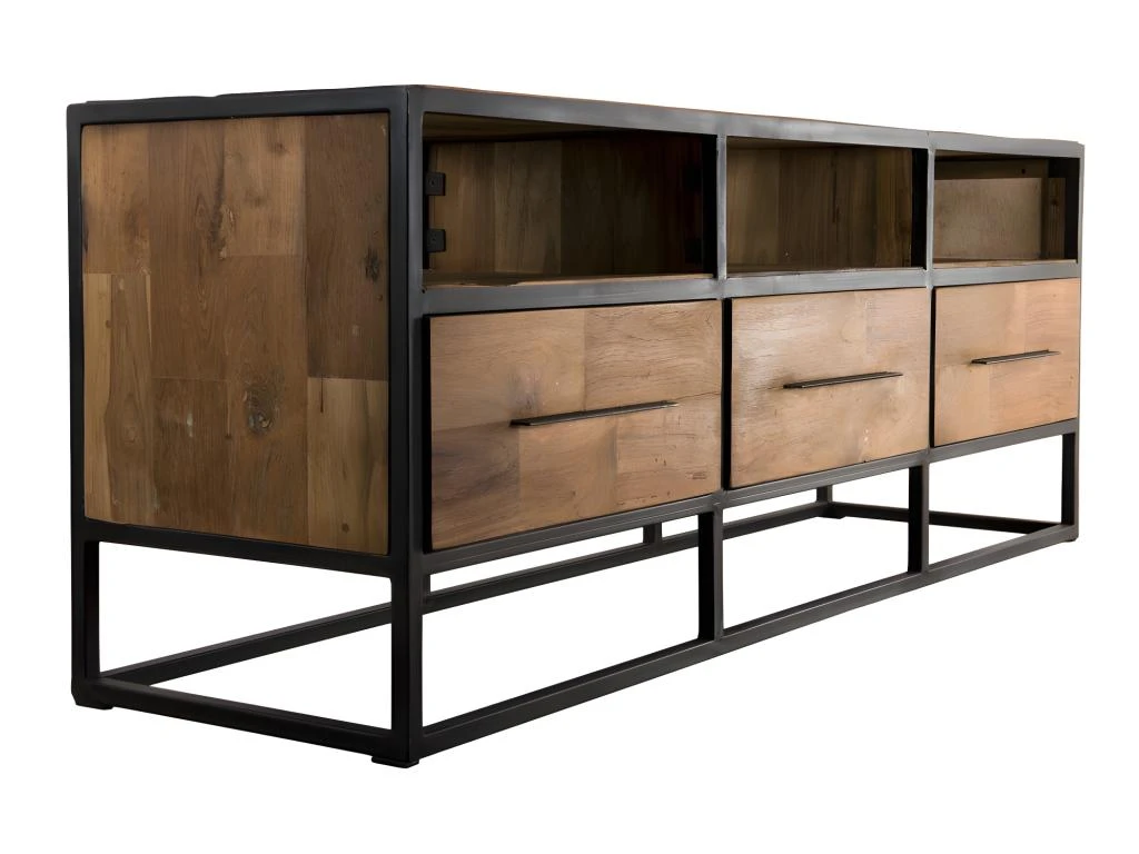 ALIDA - Meuble TV Marron 3 Niches 3 Tiroirs Teck Recyclé Et Métal Noir 7 ALIDA - Meuble TV Marron 3 Niches 3 Tiroirs Teck Recyclé Et Métal Noir – Image 5