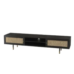 YANIS - Meuble TV Noir Bois Pin 2 Niches 2 Portes Cannage -Pas Cher Mobiliora Magasin meuble tv 14651719