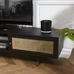 YANIS - Meuble TV Noir Bois Pin 2 Niches 2 Portes Cannage -Pas Cher Mobiliora Magasin meuble tv 14651721