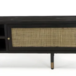 YANIS - Meuble TV Noir Bois Pin 2 Niches 2 Portes Cannage -Pas Cher Mobiliora Magasin meuble tv 14651725