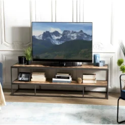 CLEMENCE - Meuble TV 2 Niveaux Bois Teck Et Métal