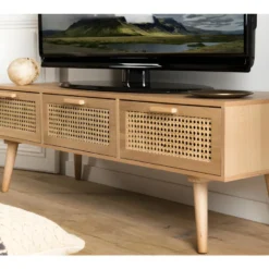 ROMEO - Meuble TV Couleur Naturelle 3 Tiroirs Bois Cannage -Pas Cher Mobiliora Magasin meuble tv 14651793