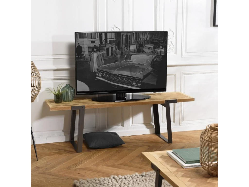 CLEMENCE - Meuble TV Plateau Chevrons Bois Et Pieds Métal Noir 7 CLEMENCE - Meuble TV Plateau Chevrons Bois Et Pieds Métal Noir – Image 5