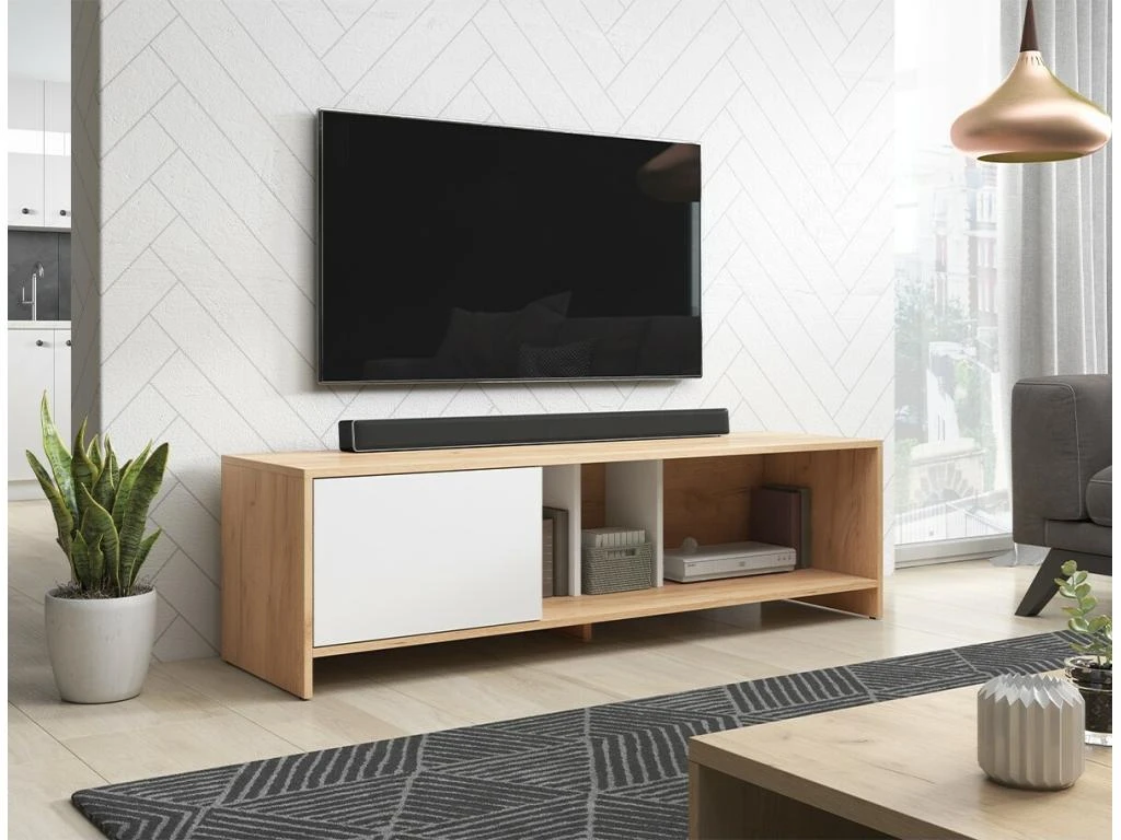 Meuble TV 1 Porte Décor Bois Clair Et Blanc L140 Cm - Sue 4 Meuble TV 1 Porte Décor Bois Clair Et Blanc L140 Cm - Sue – Image 2