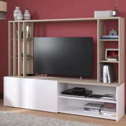 Mur TV Avec Rangements - Naturel Et Blanc - GORBELLA