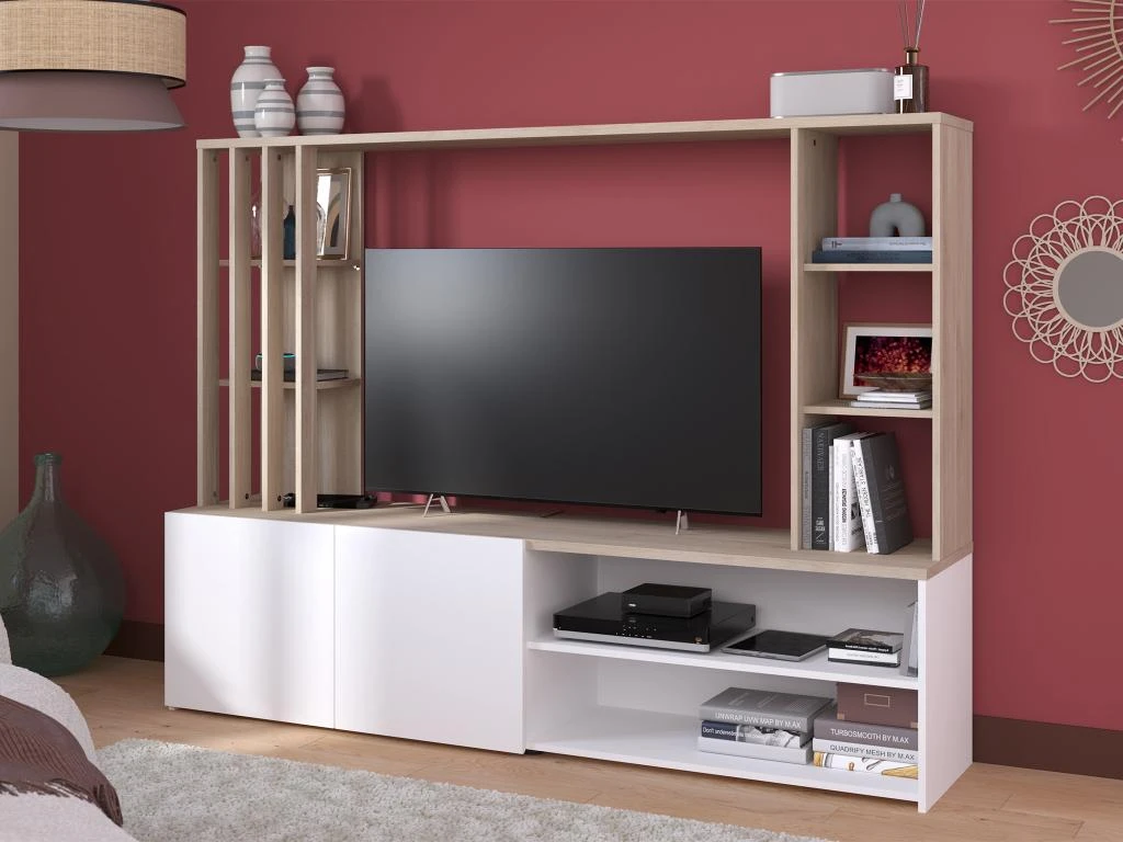 Mur TV Avec Rangements - Naturel Et Blanc - GORBELLA 3 Mur TV Avec Rangements - Naturel Et Blanc - GORBELLA