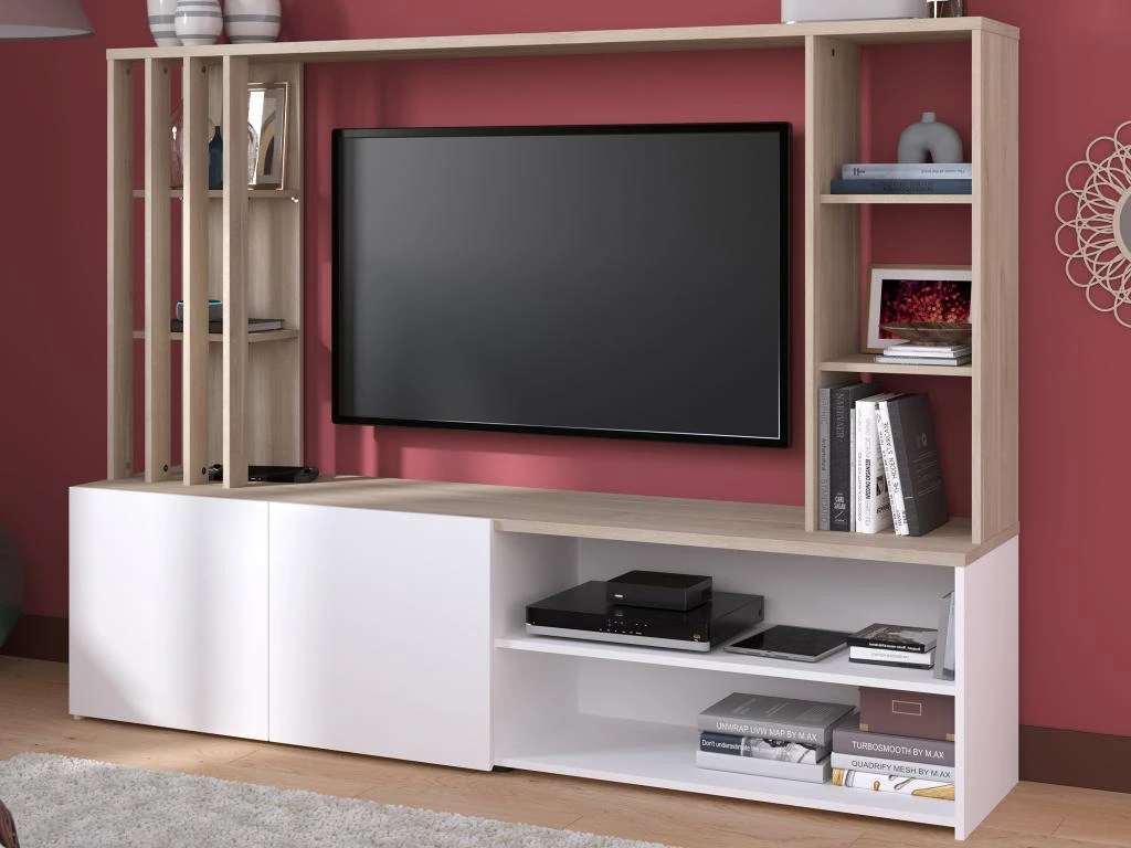 Mur TV Avec Rangements - Naturel Et Blanc - GORBELLA 4 Mur TV Avec Rangements - Naturel Et Blanc - GORBELLA – Image 2