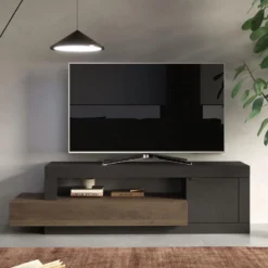 Meuble TV Avec 1 Porte, 1 Tiroir Et 1 Niche - Naturel Foncé Et Anthracite - RUSELO