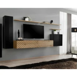 Ensemble Meuble Salon SWITCH I Design, Coloris Noir Et Chêne Wotan. Finitions Effet Chêne Fraisé.