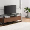 Meuble TV Avec 3 Tiroirs En MDF, Verre Trempé Et Métal - Naturel Foncé Et Noir - CAMATA -Pas Cher Mobiliora Magasin meuble tv 15895551