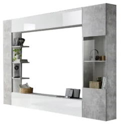 Mur TV SIRIUS Avec Rangements - Coloris : Blanc Laqué Et Béton -Pas Cher Mobiliora Magasin meuble tv 15921735